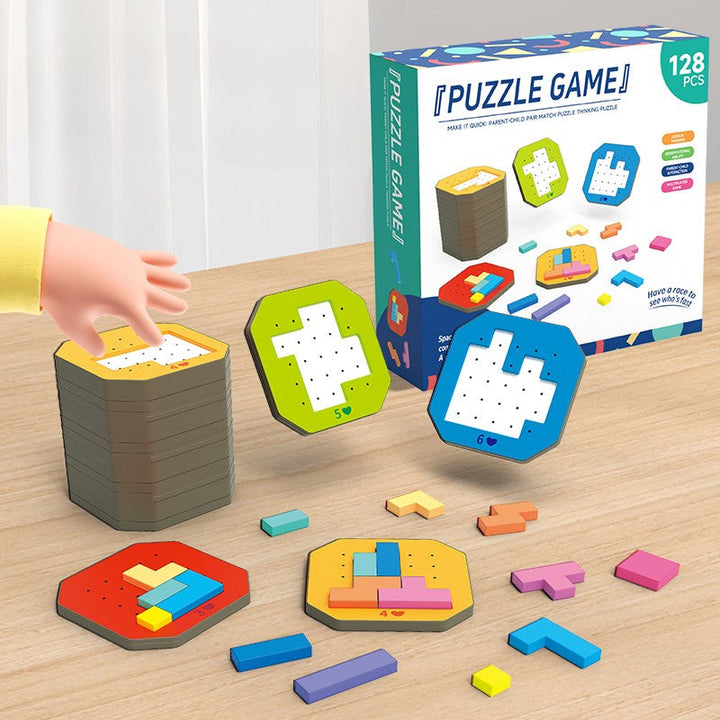 Wooden shape pieces and colored challenge cards arranged beside the puzzle set box