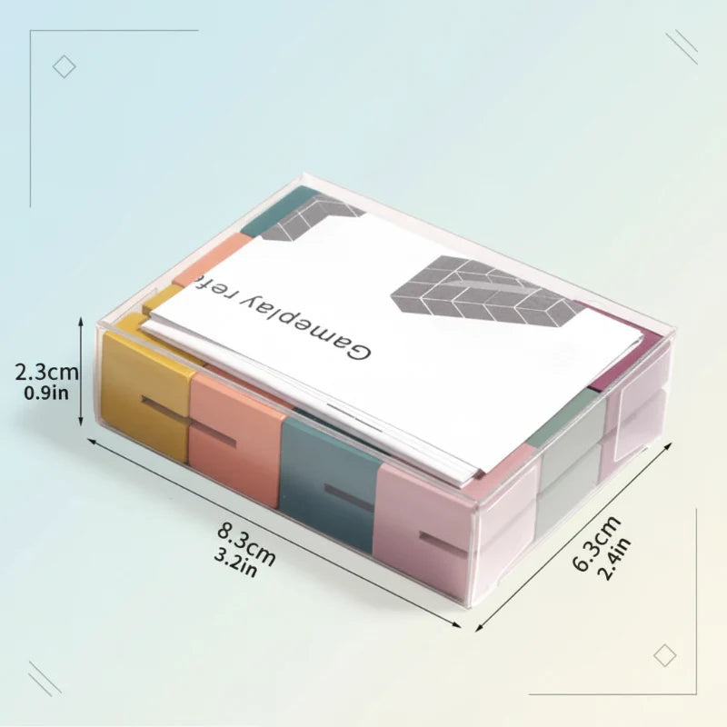 Wooden block puzzle in a clear case with dimensions marked as 8.3 by 6.3 by 2.3 cm
