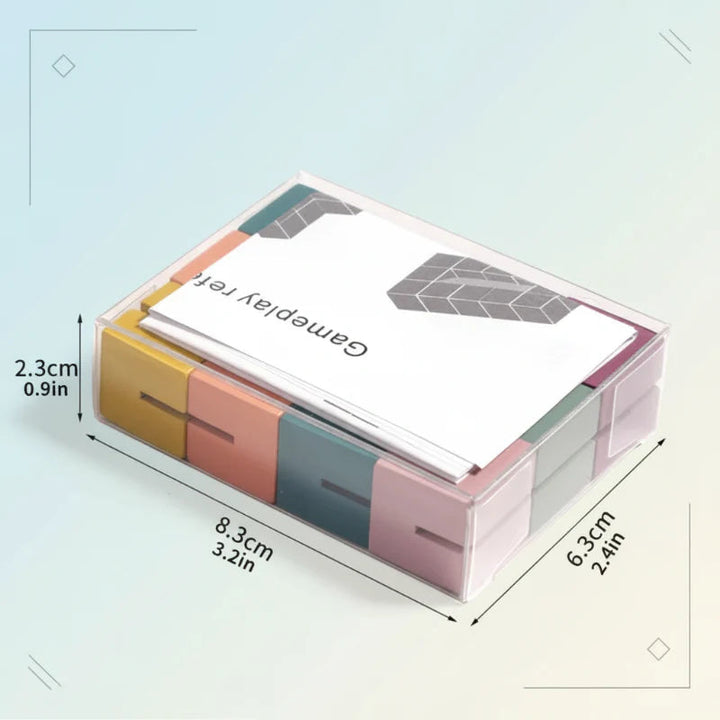 Wooden block puzzle in a clear case with dimensions marked as 8.3 by 6.3 by 2.3 cm