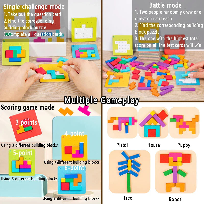Gameplay chart showing solo challenges, two-player puzzles, scoring, and creative shape designs