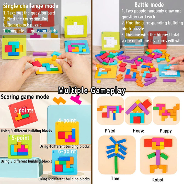 Gameplay chart showing solo challenges, two-player puzzles, scoring, and creative shape designs