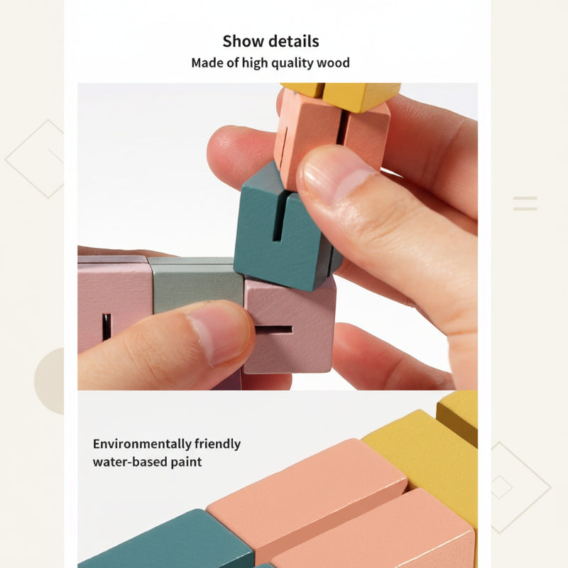 Close-up of hands turning a wooden puzzle joint and the painted block surfaces