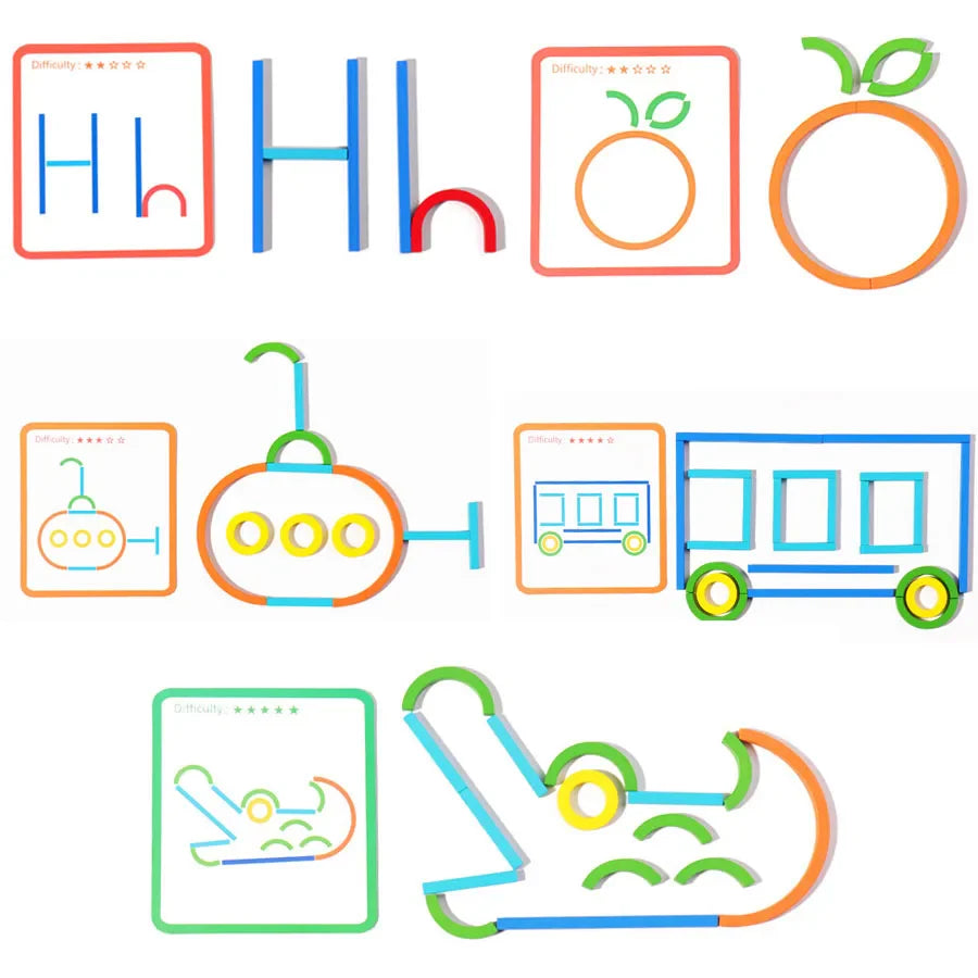 Pattern cards beside wooden puzzle designs showing letters, fruit, and vehicles