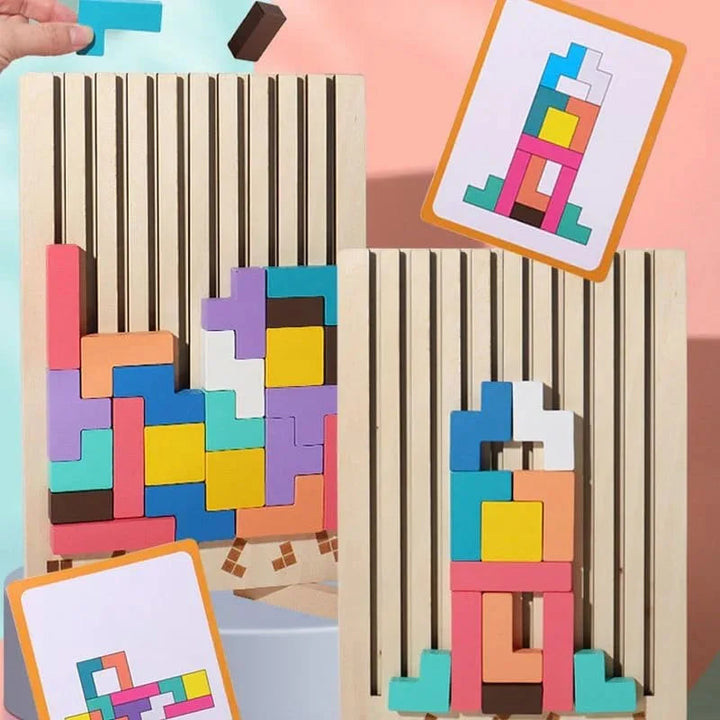 Two wooden puzzle arrangements displayed with matching pattern cards