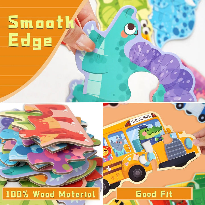 Close-ups of a dinosaur puzzle, stacked wooden pieces, and an assembled school bus puzzle