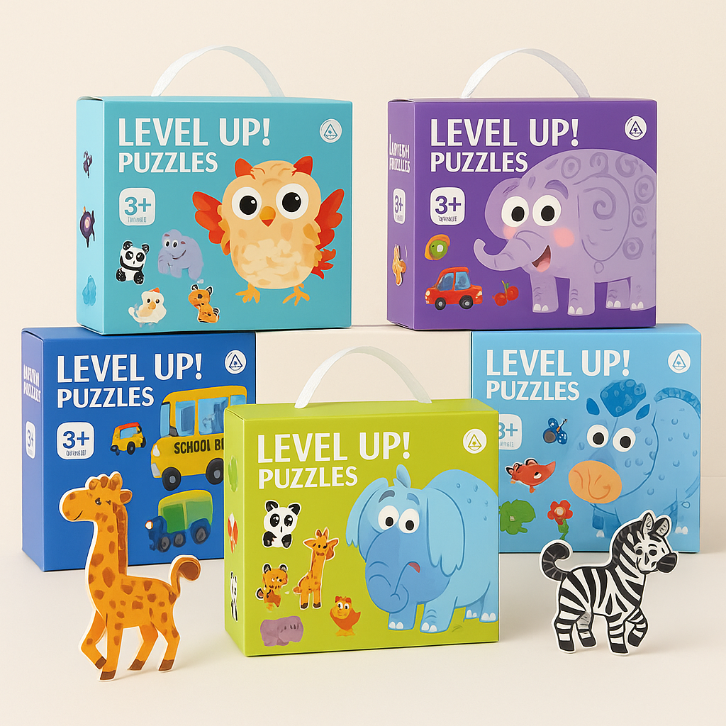 Five themed wooden puzzle boxes with giraffe and zebra puzzles displayed in front