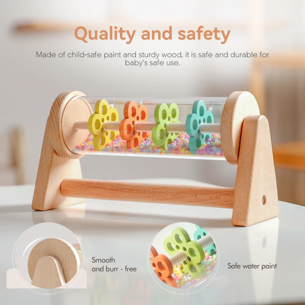 Wooden rain sound toy with close-up views of the frame and colorful pieces inside the clear cylinder.