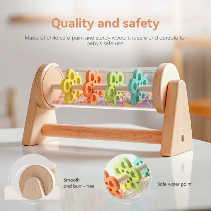 Wooden rain sound toy with close-up views of the frame and colorful pieces inside the clear cylinder.