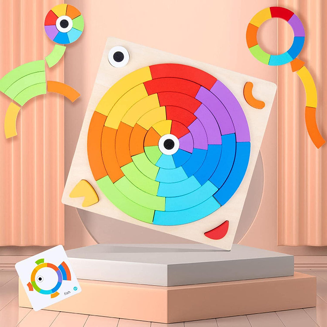 Wooden rainbow puzzle board with nested curved pieces and sample designs