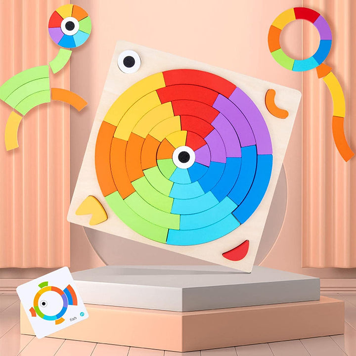 Wooden rainbow puzzle board with nested curved pieces and sample designs