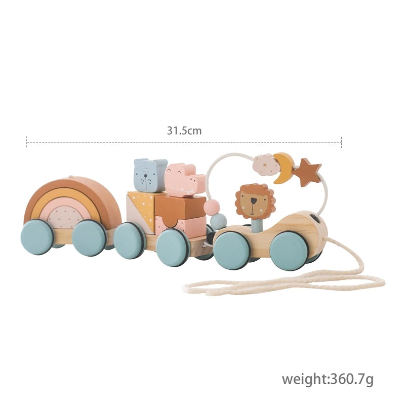 Rainbow pull train with stacking pieces, animal figures, a lion bead maze, and a 31.5 cm length label