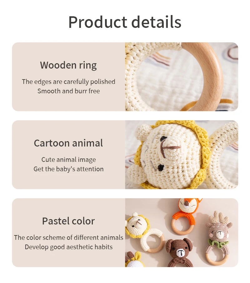 Close-up details of the wooden ring, crocheted lion face, and animal rattle colors