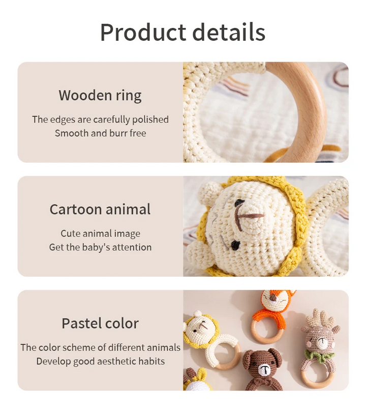 Close-up details of the wooden ring, crocheted lion face, and animal rattle colors