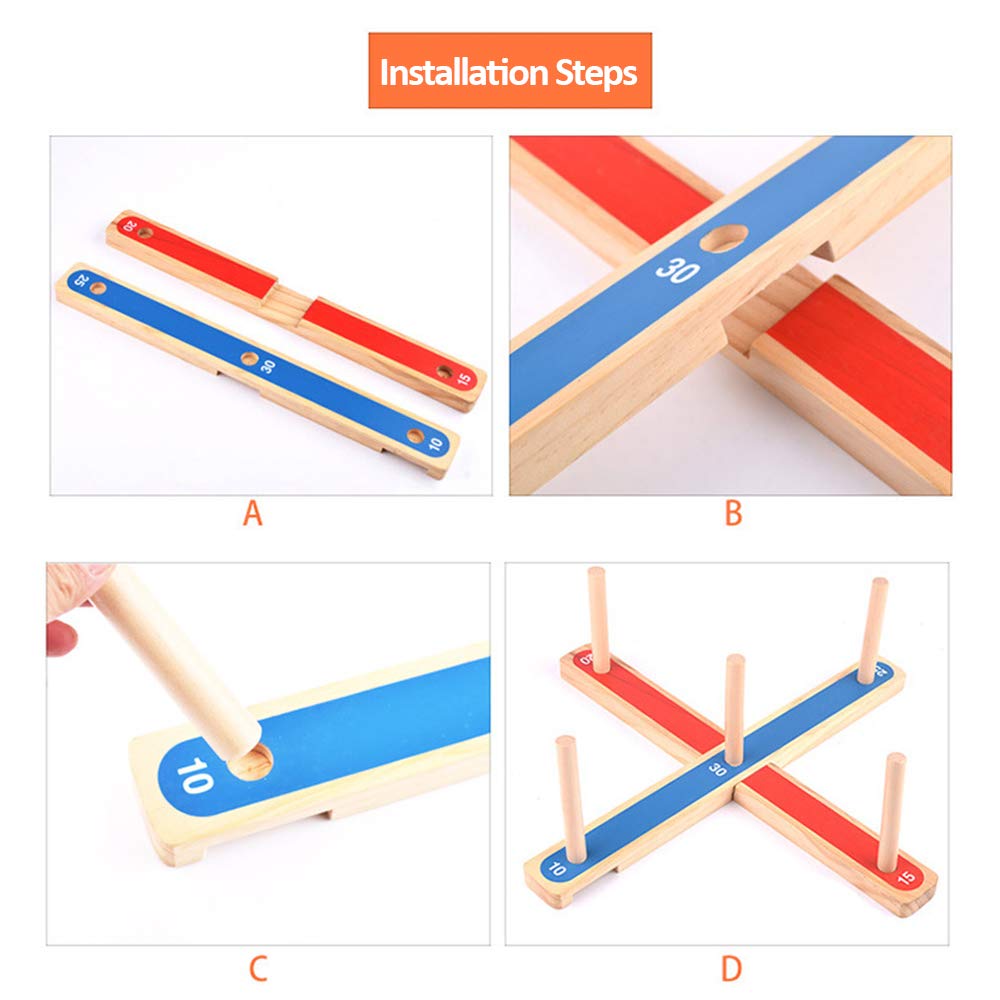 Four-step assembly guide showing how the wooden base pieces fit together and the pegs attach.