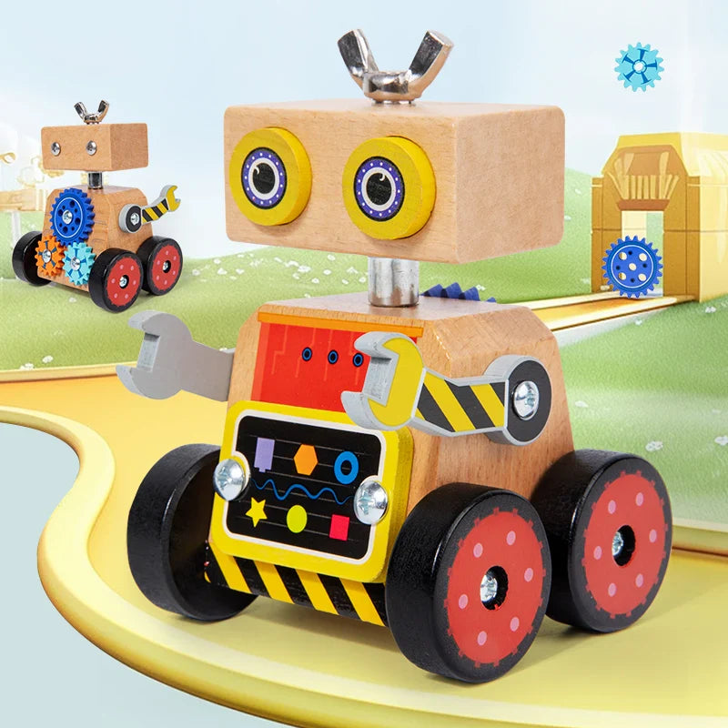 Wooden robot building toy with red wheels, yellow eyes, and wrench-shaped arms