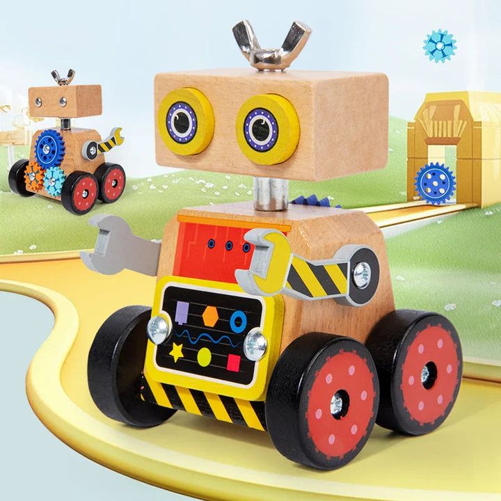 Wooden robot building toy with red wheels, yellow eyes, and wrench-shaped arms