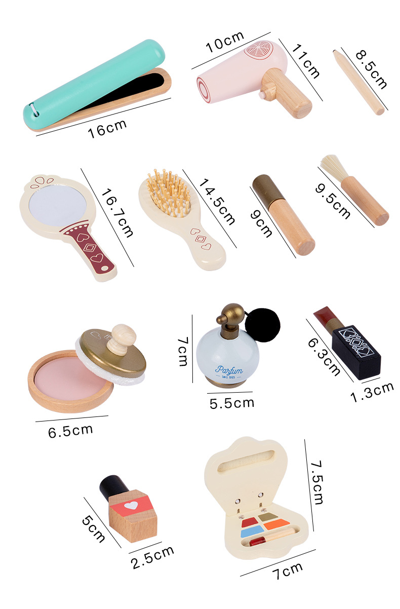 Measurement guide for wooden salon toys, including a straightener, brush, mirror, and pretend makeup