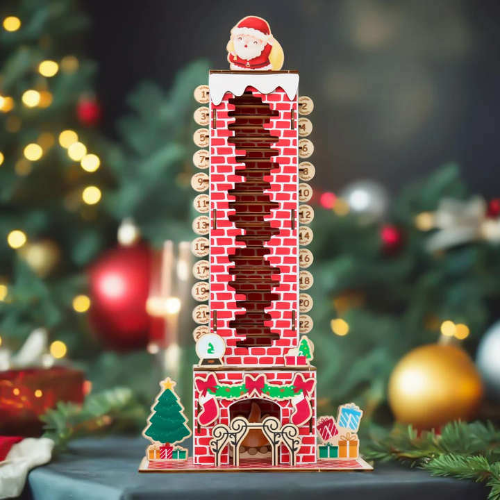 Wooden Santa chimney countdown calendar displayed in front of a decorated Christmas tree