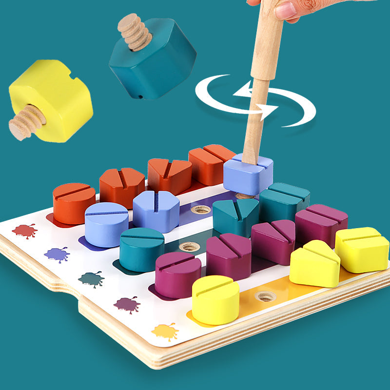 Wooden screwdriver turning a lavender shape screw on the activity board