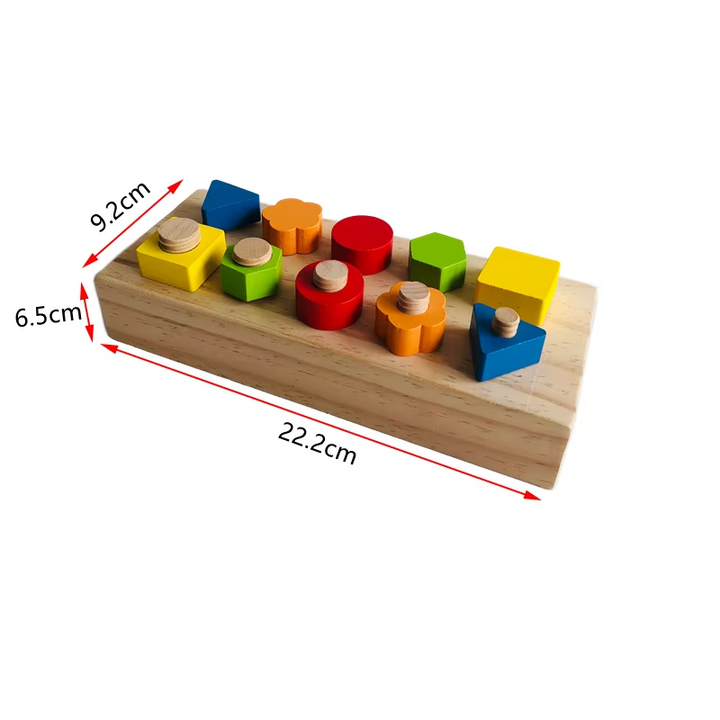 Wooden shape puzzle labeled 22.2 cm long, 9.2 cm wide, and 6.5 cm high