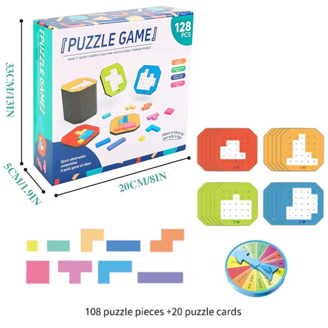 Wooden puzzle set diagram with colored pieces, challenge cards, and package measurements