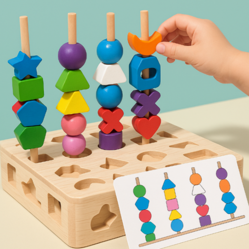 Hand stacking colorful wooden shapes on rods above a shape sorter box and pattern card