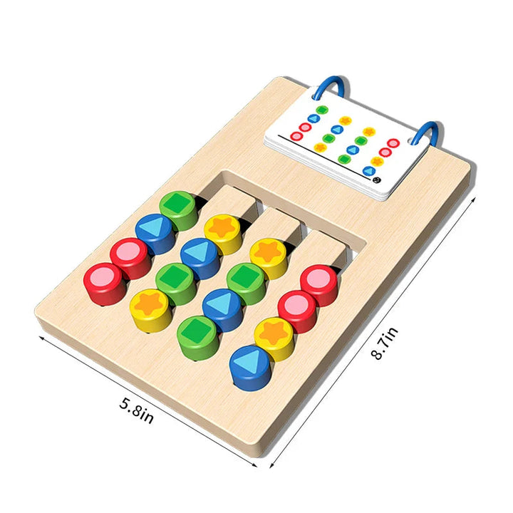 Wooden shape-sorting board with pattern cards and dimension labels.
