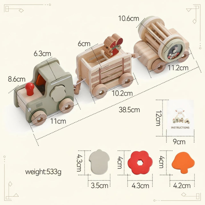 Shape-sorting wooden train with matching shapes, instructions, and measurement labels