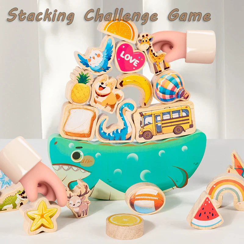Colorful wooden shapes balanced on a curved crocodile base with loose blocks on the table