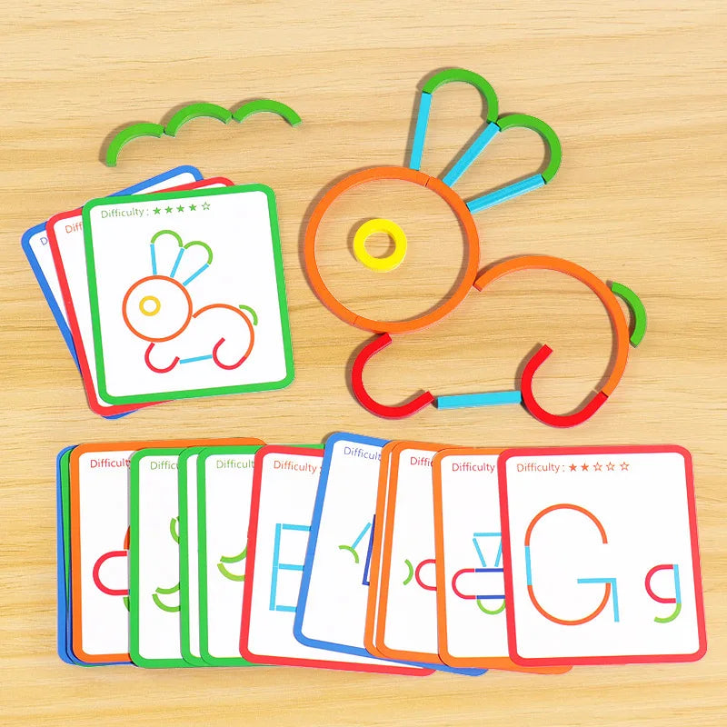 Colorful wooden sticks and rings arranged as a rabbit beside matching pattern cards