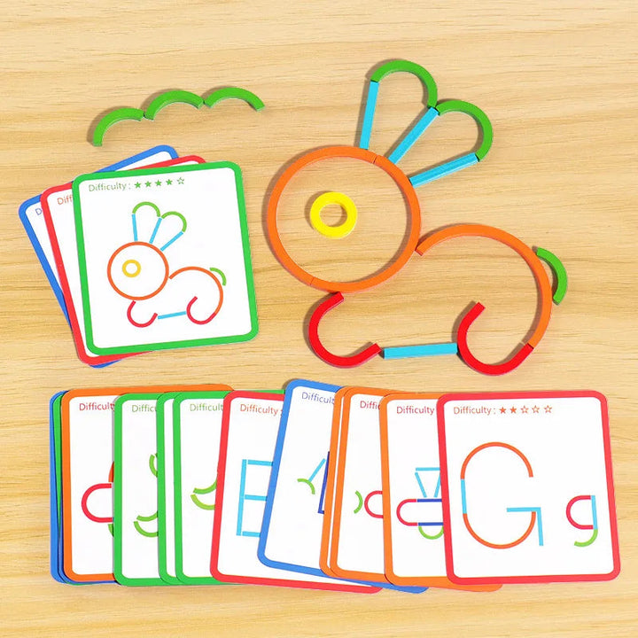 Colorful wooden sticks and rings arranged as a rabbit beside matching pattern cards