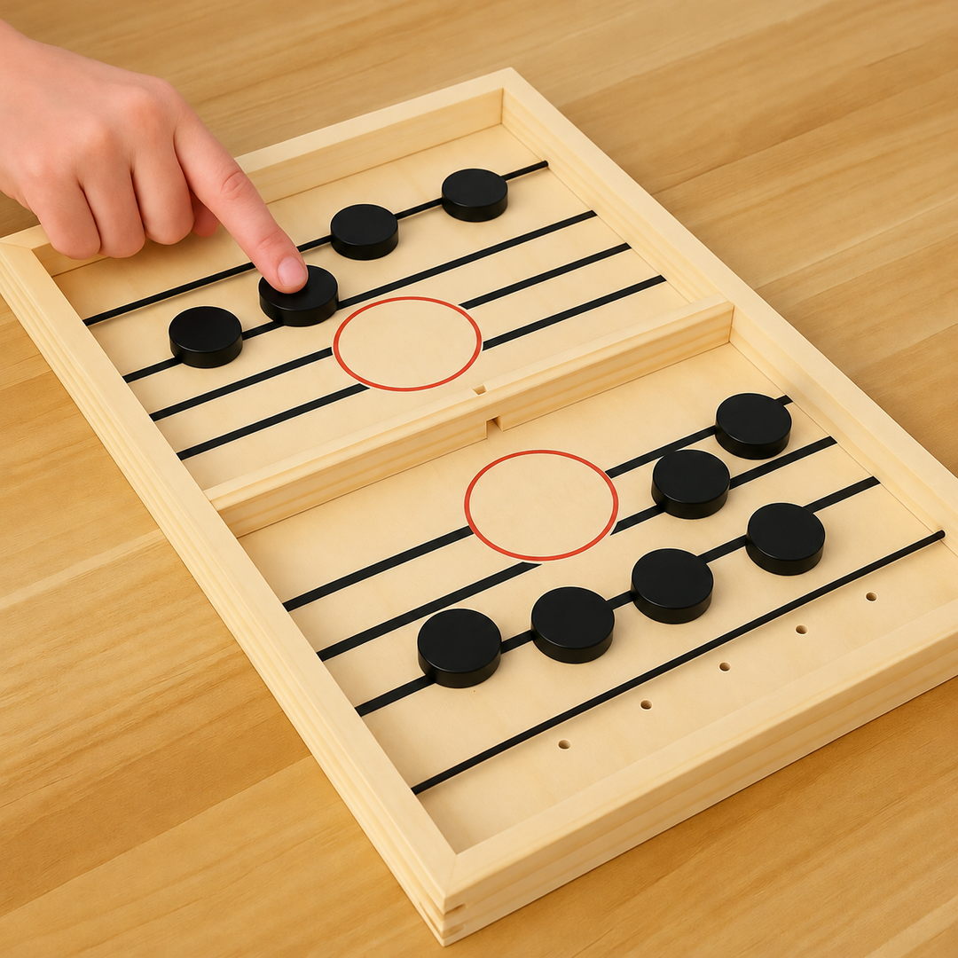 Hand aiming a black puck on a wooden sling puck board with a center divider