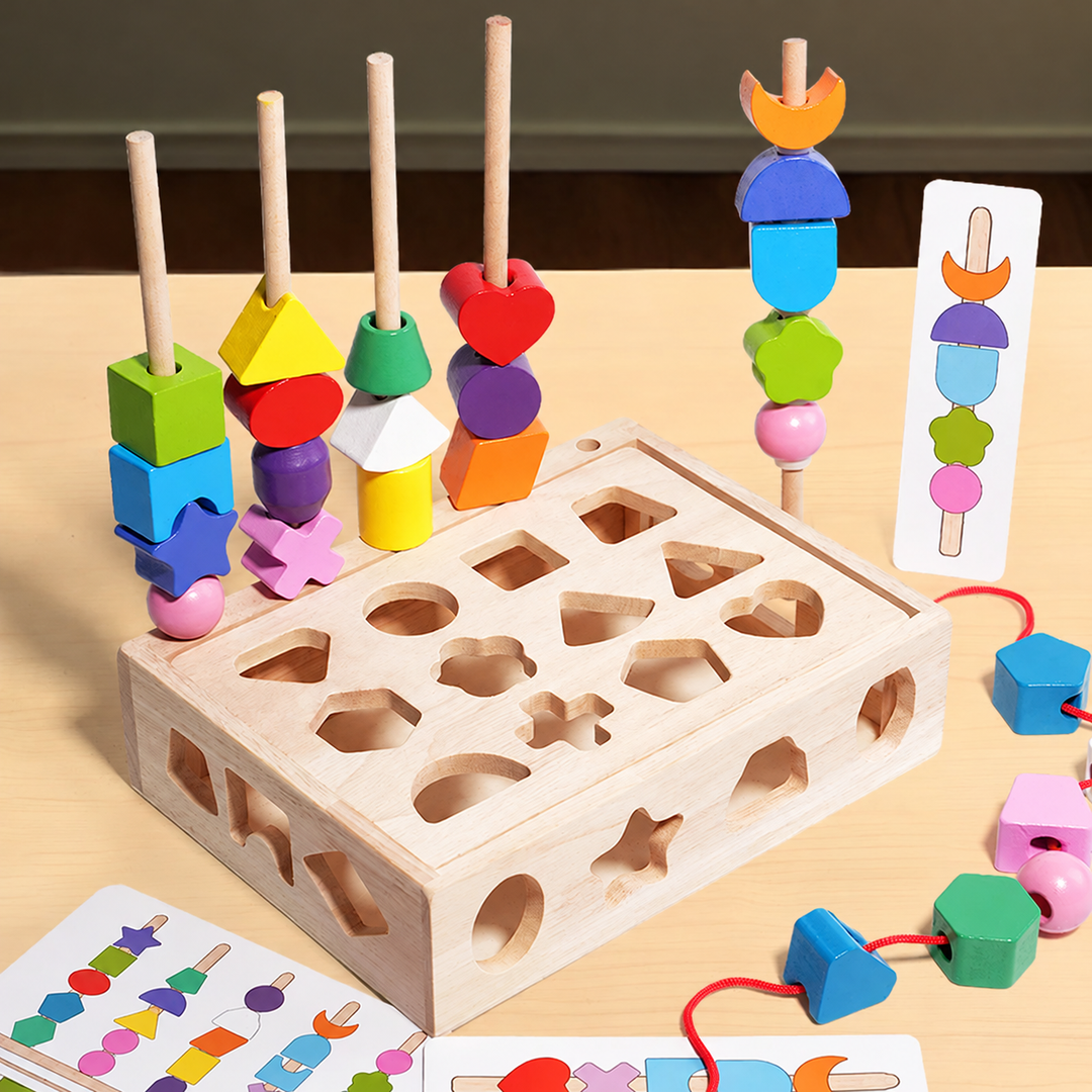 Wooden shape sorter with stacking rods, pattern cards, and colorful blocks threaded on a red cord