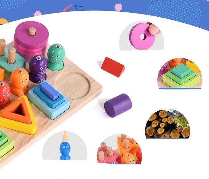 Close-up of stacked wooden shapes, removable fish, and pegs on the fishing board