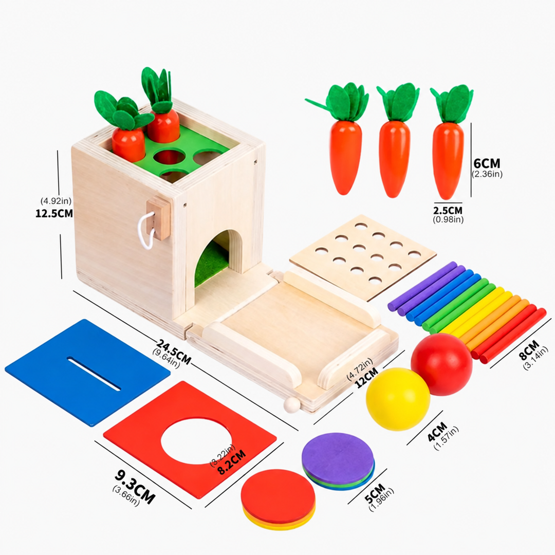 Wooden sorting box with measurement labels, activity panels, carrots, balls, coins, and colored sticks