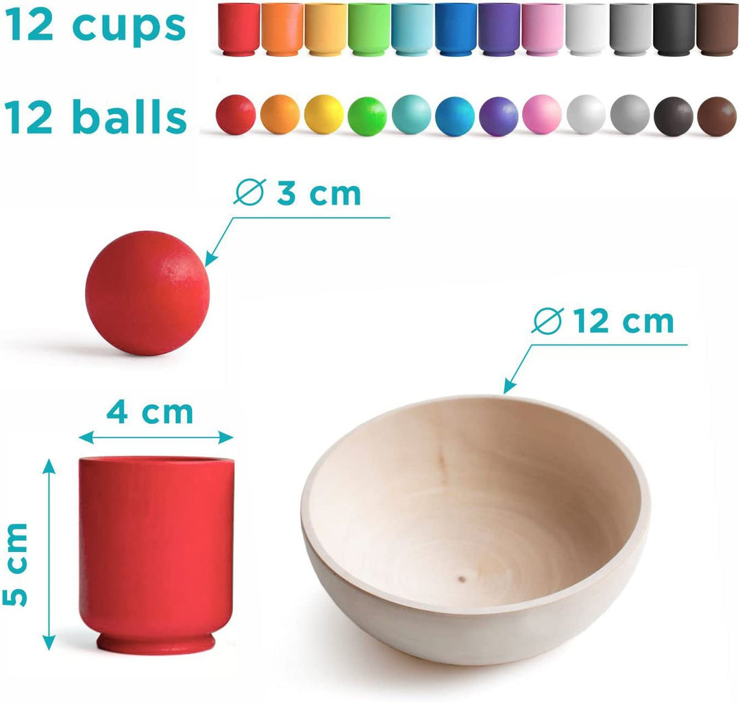Size chart showing 12 cups, 12 balls, a 12 cm bowl, 3 cm balls, and cups measuring 4 by 5 cm