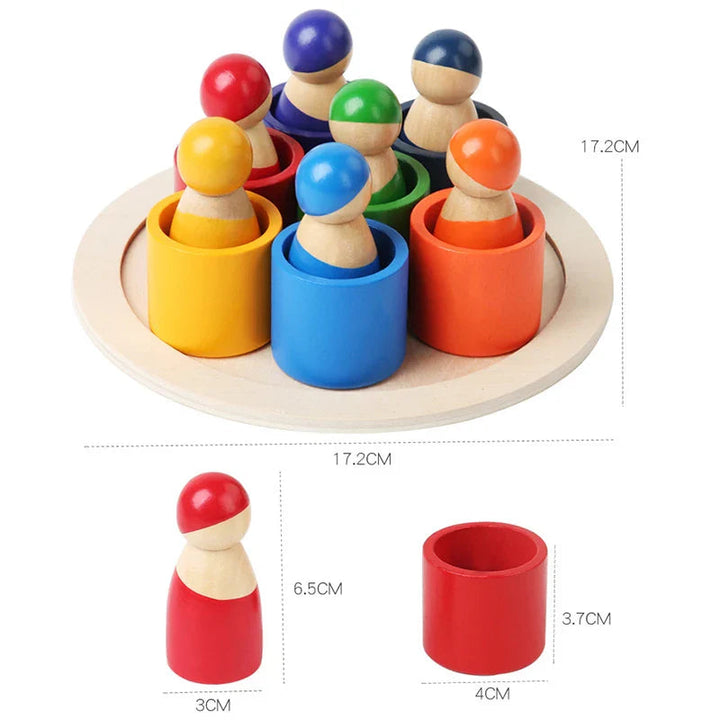 Dimension diagram showing the assembled wooden sorting set, a figure, and a matching bowl