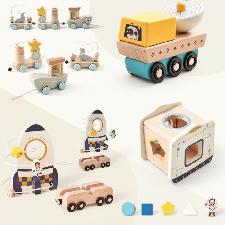 Wooden space and train toy styles, including a rocket, shape sorter, car, and activity train