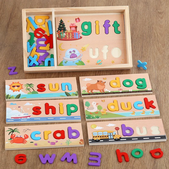 Wooden spelling puzzle with colorful letters, illustrated word boards, and a divided storage tray