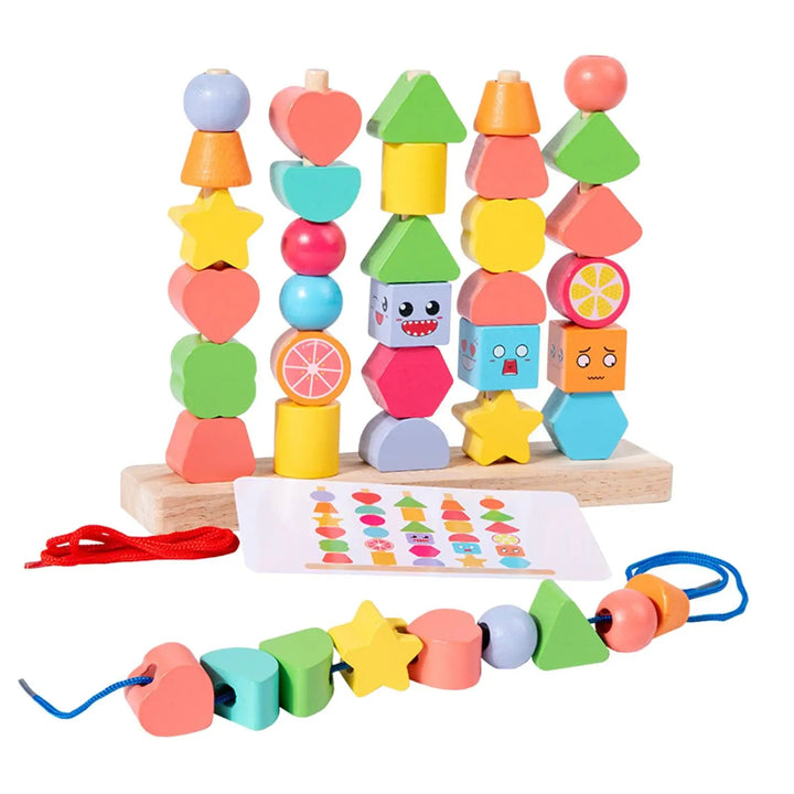Wooden shape-stacking set with hearts, stars, geometric beads, a pattern card, and threading cords.
