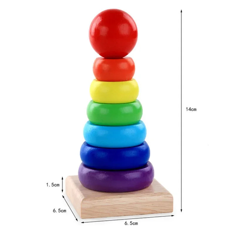 Bright wooden stacking tower with measurements showing a 14 cm height and a 6.5 cm square base