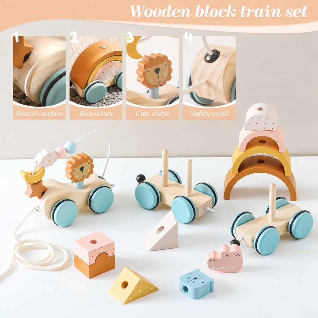 Wooden train cars with blocks and rainbow arches removed to reveal the stacking pegs