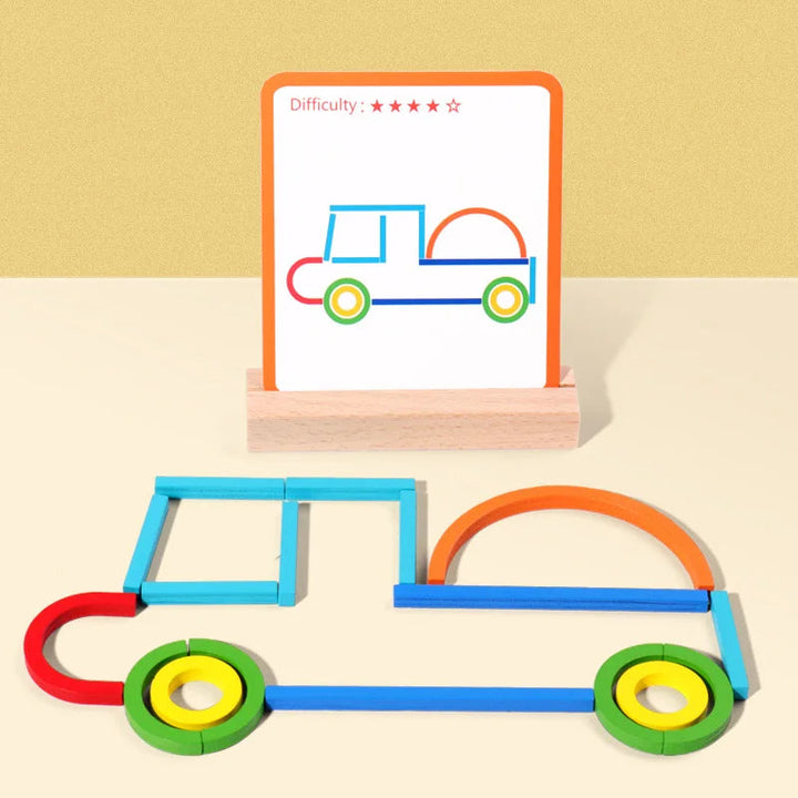 Wooden pieces arranged as a car below its matching pattern card in a wooden holder