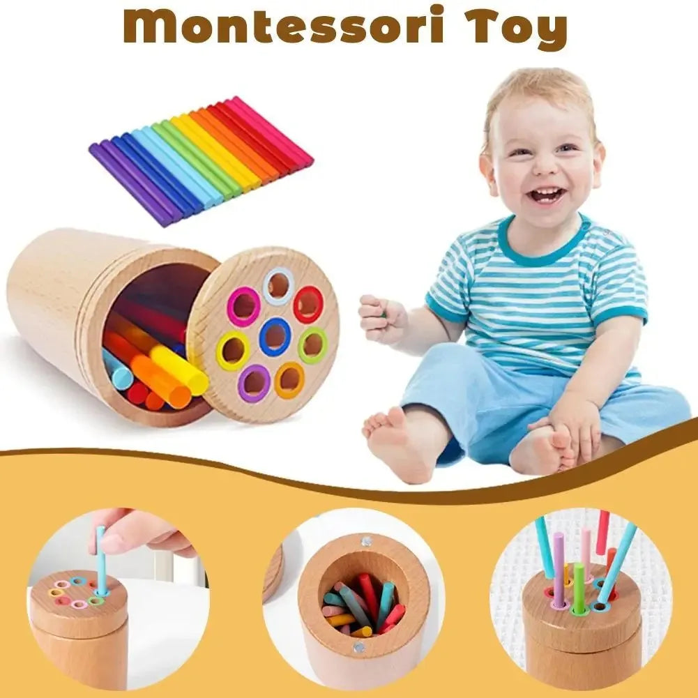 Wooden color sorting toy with colorful sticks, a seated child, and close-ups of the lid and container.
