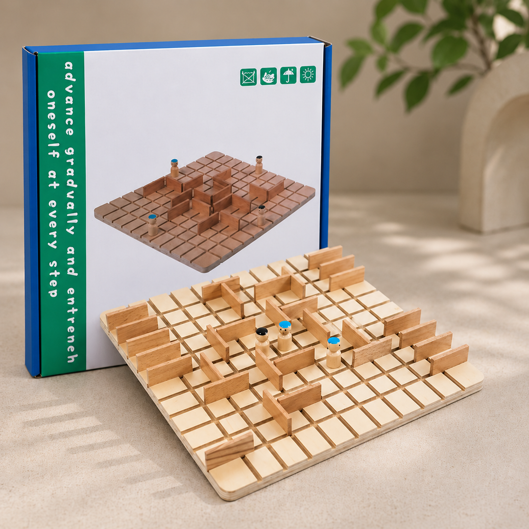 Wooden strategy board with pawns and barriers displayed beside its storage box