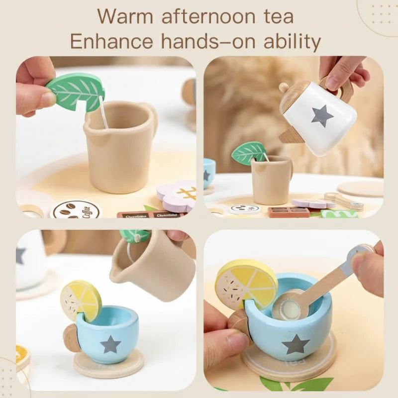 Hands demonstrate placing a tea bag, pretend pouring, and stirring with the wooden tea set