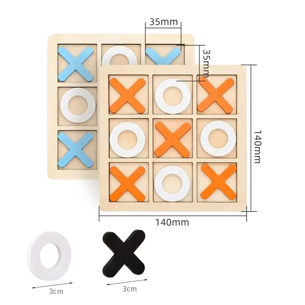 Size diagram showing a 140 x 140 mm board, 35 mm grid spaces, and 3 cm X and O pieces