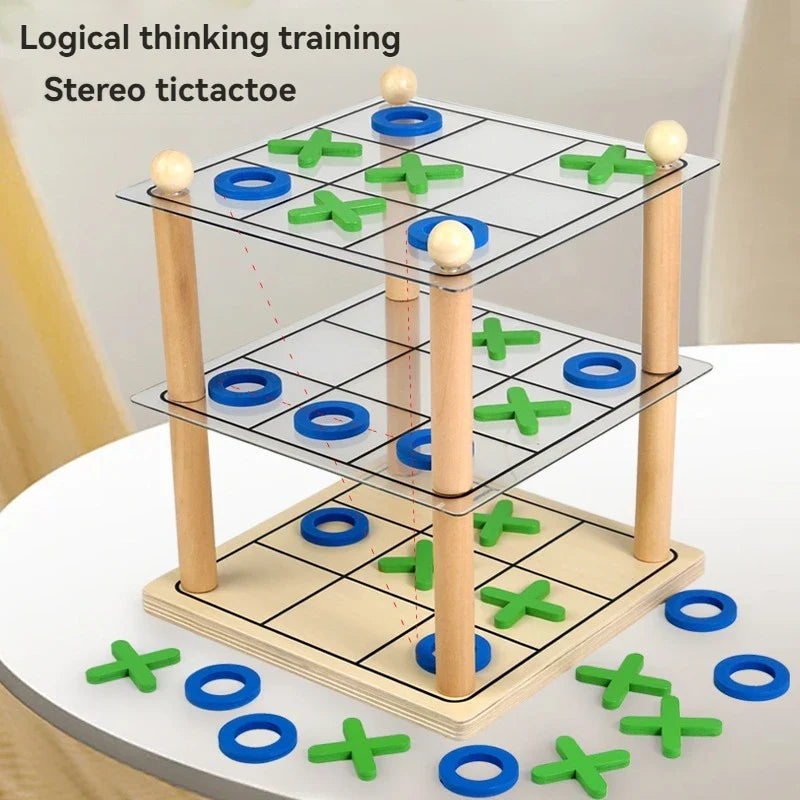 Wooden tic-tac-toe tower with two clear upper boards and green X and blue O pieces