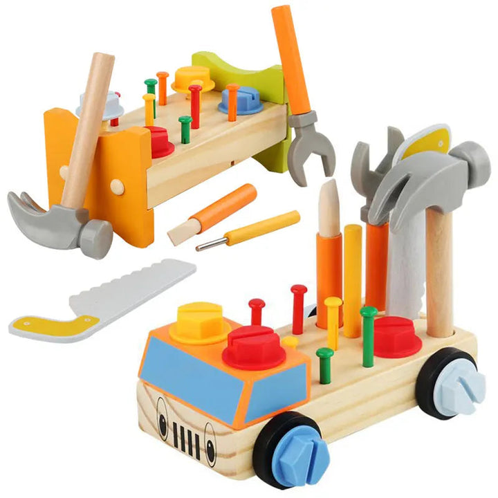 Wooden tool car with colorful fasteners, wheels and pretend repair tools