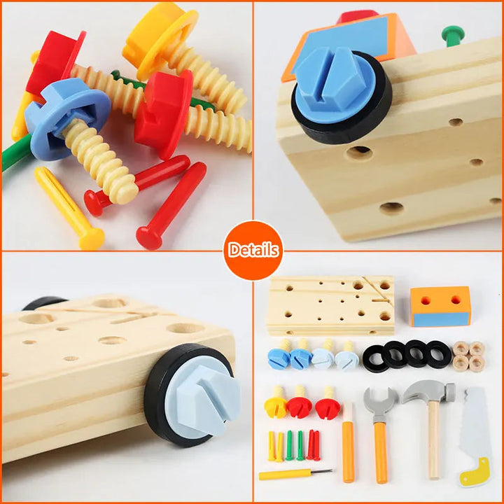 Close-ups of colorful screws, wheel fasteners and wooden car parts with a laid-out tool set